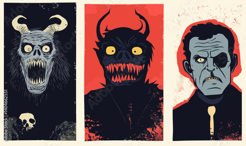 Halloween Horror Movie Monster Portrait Set in Minimalist Vector Style