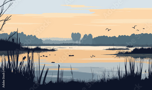 Sunrise over Serene Wetland Minimalist Vector Landscape Illustration