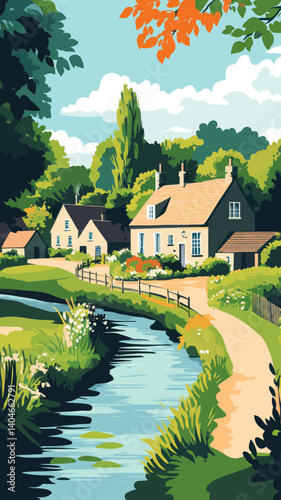 Charming Bibury Village Landscape with River and Cotswold Cottages in Minimalist Style