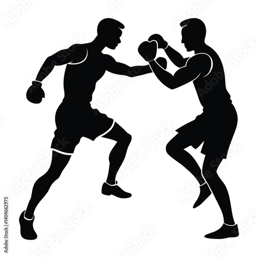 Stylized Boxer Sparring Silhouette on White Background, Boxing Match, Action
