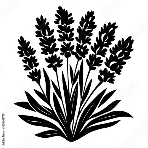 Black and White Silhouette of a Bunch of Lavender Flowers with Lush Green Leaves