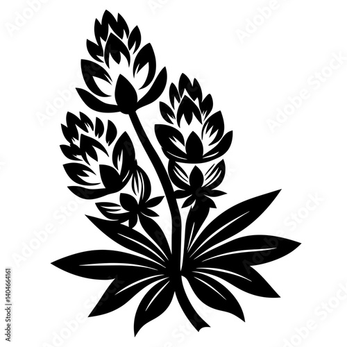 Elegant Black and White Stylized Lupine Flower Illustration Botanical Design