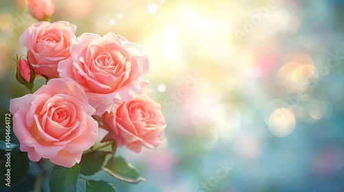 Pale pink roses unfurling delicately in a peaceful garden, bathed in the glow of soothing pastel light