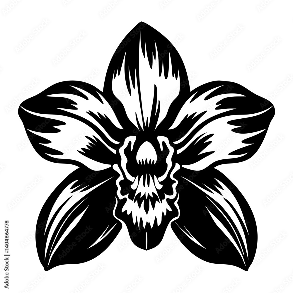 Obraz premium Black and White Illustration of a Single Orchid Flower Detailed Botanical Drawing