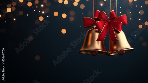 Golden bells decorated with a vivid red bow, signaling the cheerful arrival of Christmas, shine against a softly blurred, warm-toned bokeh background