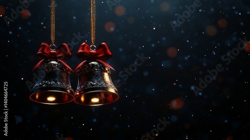 Golden bells embellished with a striking red ribbon, celebrating the joyous arrival of Christmas, glimmer against a softly blurred, warm-toned bokeh background