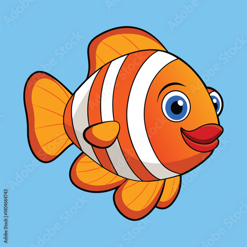 A colorful cartoon clownfish vector illustration shows a tropical marine animal isolated underwater near a coral reef