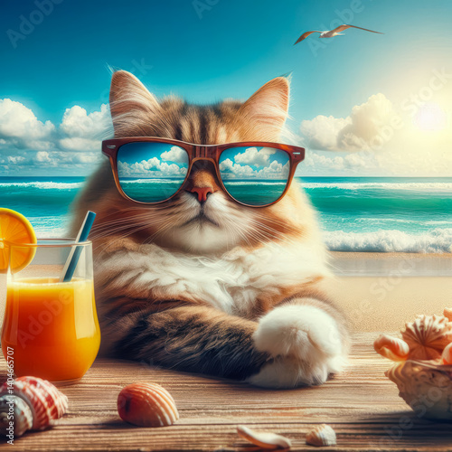 Cat in sunglasses enjoying a tropical beach setting with a refreshing drink and seashells