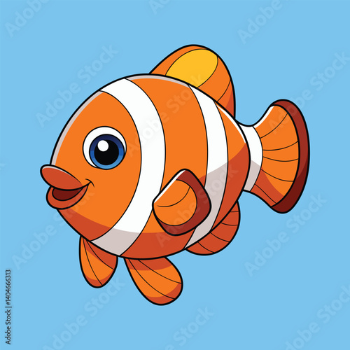 A cute cartoon vector illustration shows an isolated orange clownfish, like Nemo, swimming in the tropical sea