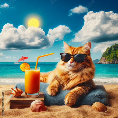 Cat enjoys a sunny beach day while relaxing with a refreshing drink and wearing stylish sunglasses