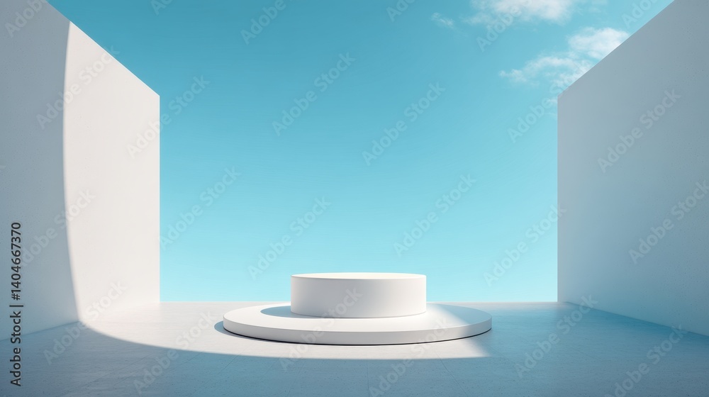 Fototapeta premium 3D white cylindrical podium with cloud on sky,cotton candy and fluffy product display background,exhibition gallery display,vector,Product presentation realistic podium,platform,space for text.