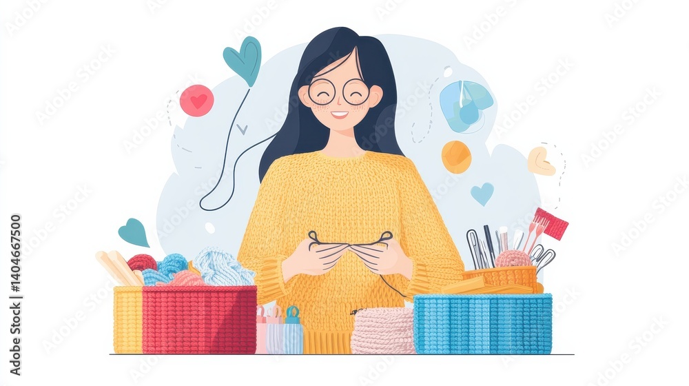 Young Woman Engaged in Creative Knitting with Colorful Yarn and Craft Supplies Around Her Young Woman Engaged in Creative Knitting with Colorful Yarn and Craft Supplies Around Her
