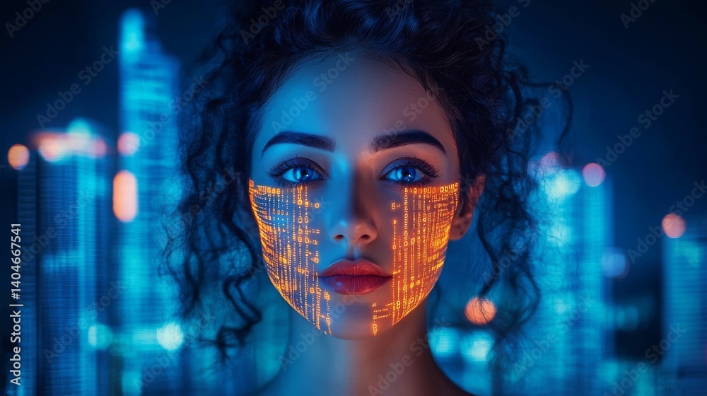 A woman with shining dots on her face looks at a screen showing orange lights and data A woman with shining dots on her face looks at a screen showing orange lights and data