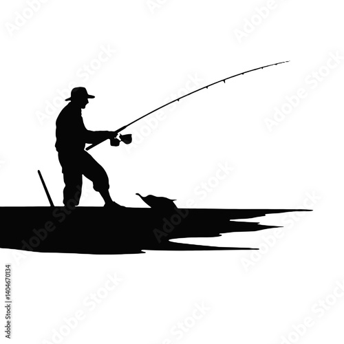 vector silhouette of a fisherman