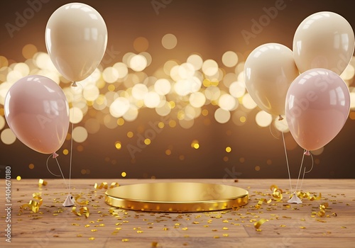 Elegant celebration setup with balloons, golden confetti, and bokeh lights on wooden table – warm festive background