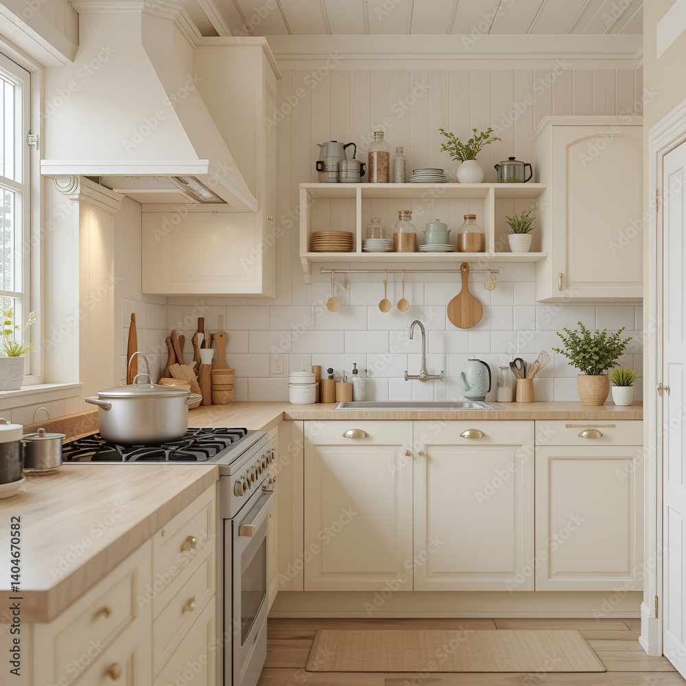 Fototapeta premium Aesthetic Scandinavian Kitchen Interior in Cream Color