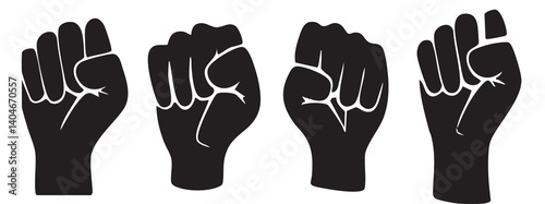 Protest sign. Black hand raised. Raised Fist vector silhouette icon. Fists raised icons. Hand Raised.