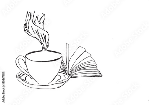 Black and white illustration of a steaming drink beside an open book perfect for cozy reading moments study themes and creative art projects