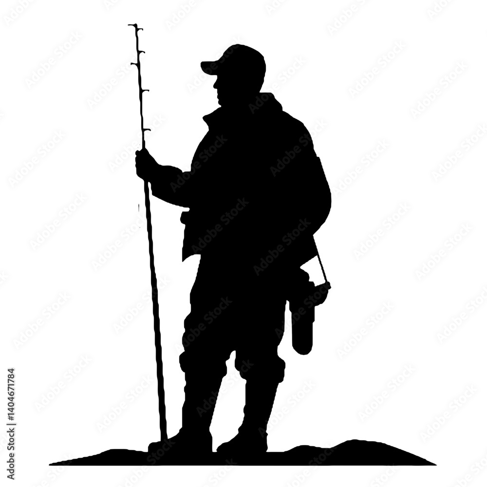 Obraz premium A black silhouette of a man fishing, with a a fishing rod.