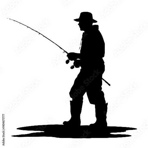 A black silhouette of a man fishing, with a  a fishing rod.