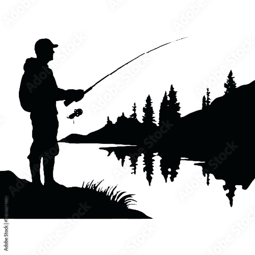 Silhouette of a man fishing on a lake or river