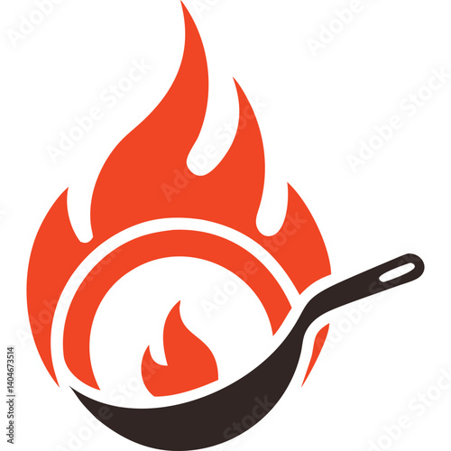Fiery hot pan cooking, culinary, food logo design.