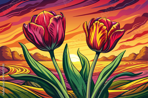 Beautiful bright colorful multicolored vector blooming tulips on a large flowerbed in the city garden landscape at sunset time