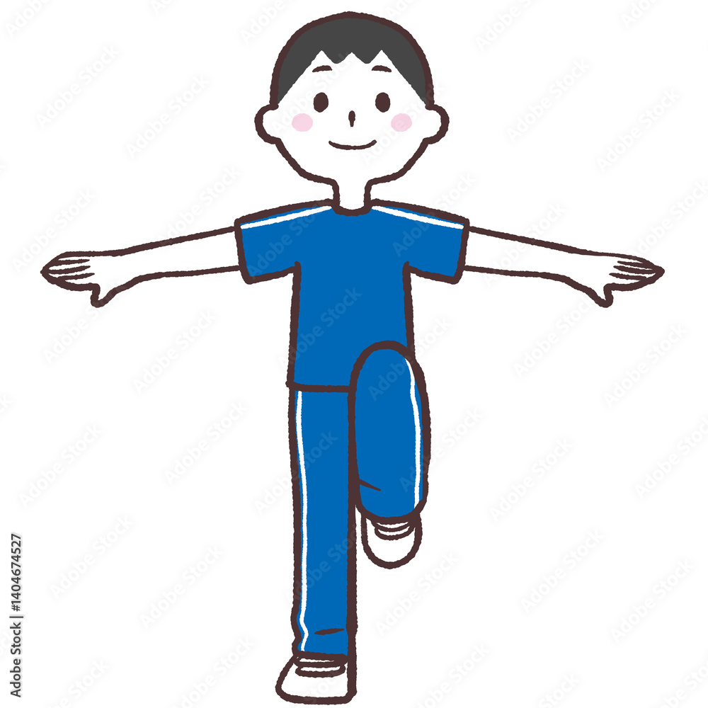 目を開け両手を広げ片足上げする男性全身イラスト 目を開け両手を広げ片足上げする男性全身イラスト