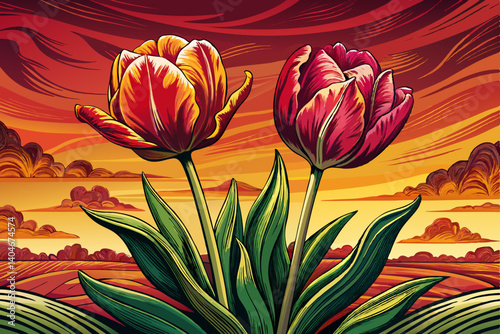 Beautiful bright colorful multicolored vector blooming tulips on a large flowerbed in the city garden landscape at sunset time