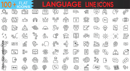 Language and Translation Line Icons Set — Global Communication, Learning, and Interpreter Symbols. Editable Stroke Vector Illustration