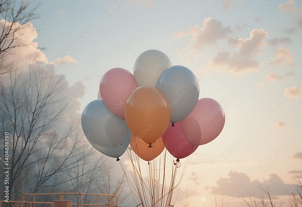 Fototapeta premium Bunch of Softly Colored Balloons Against a Dreamy Sky at Dusk