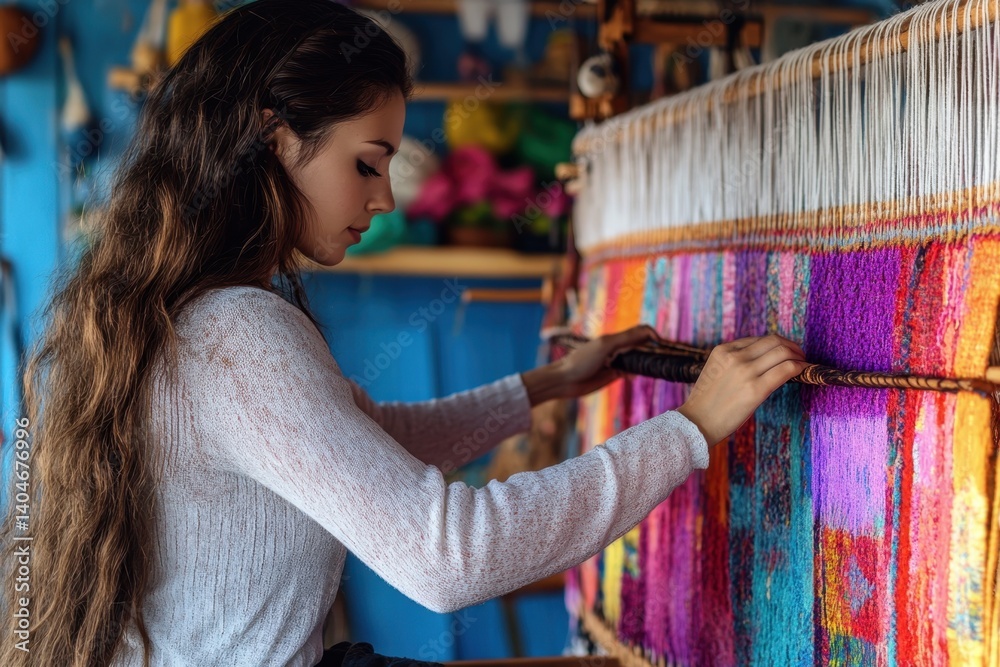 Woman weaving colorful textiles in a vibrant craft studio
