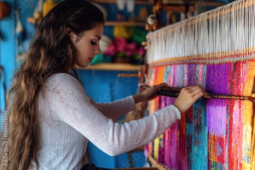 Obraz na płótnie Woman weaving colorful textiles in a vibrant craft studio w salonie