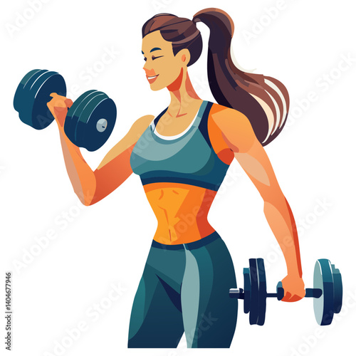 Strong woman during strength training. Powerful sportswoman with determination lifting dumbbells, white background. Stylized vector art with bold lines and high energy.