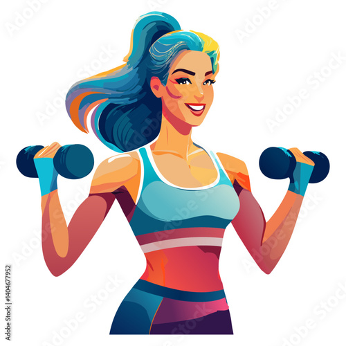 Strong woman during strength training. Powerful sportswoman with determination lifting dumbbells, white background. Stylized vector art with bold lines and high energy.