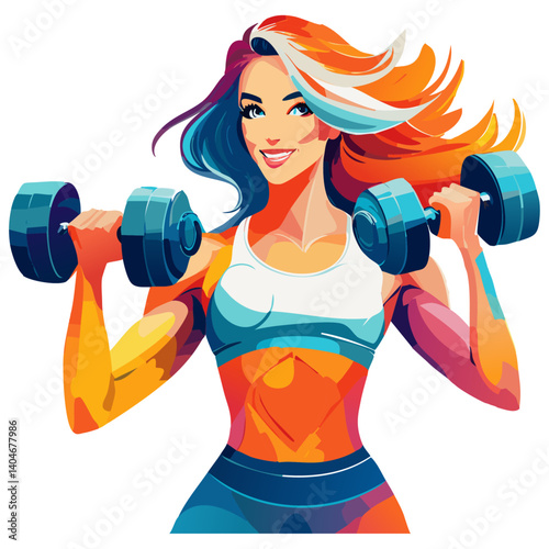 Strong woman during strength training. Powerful sportswoman with determination lifting dumbbells, white background. Stylized vector art with bold lines and high energy.