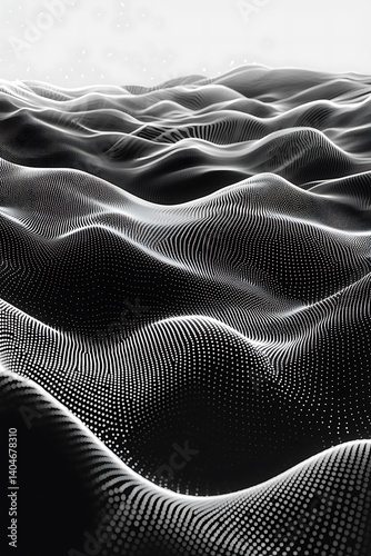 Black and White Abstract 3D Wave Landscape with Undulating Dotted Surface – Futuristic Tech Flow Visualization Background
