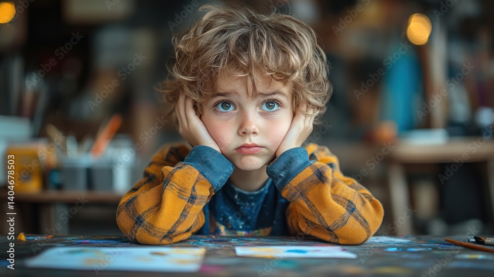 Fototapeta premium Thoughtful Young Artist: A Portrait of Childlike Contemplation