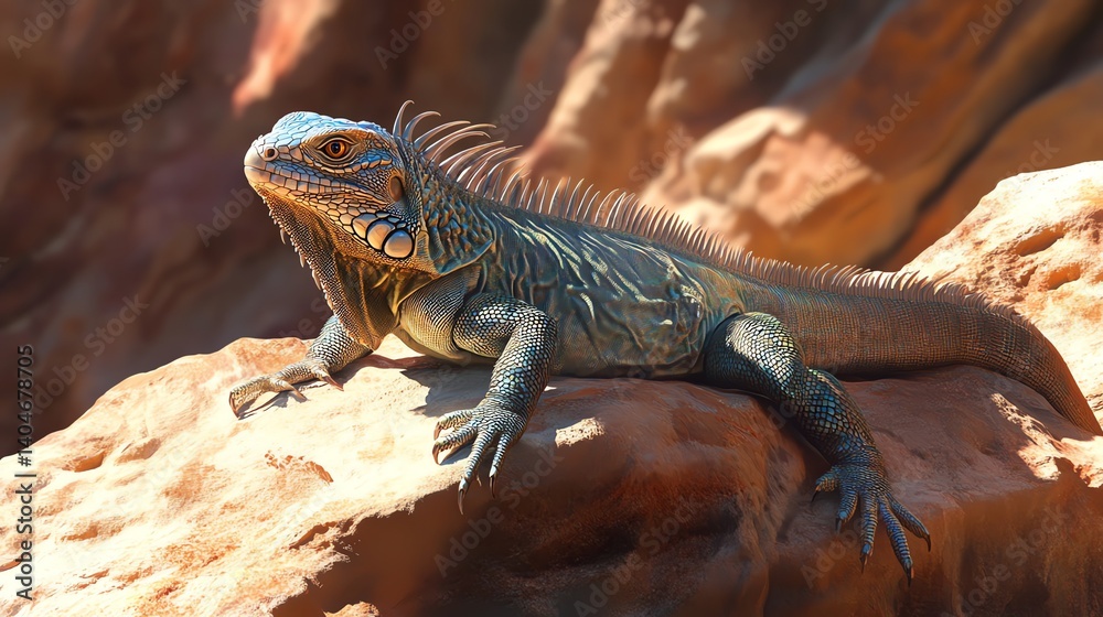 Fototapeta premium Iguana Resting on Rock Looking Left with Brown Background Outdoors