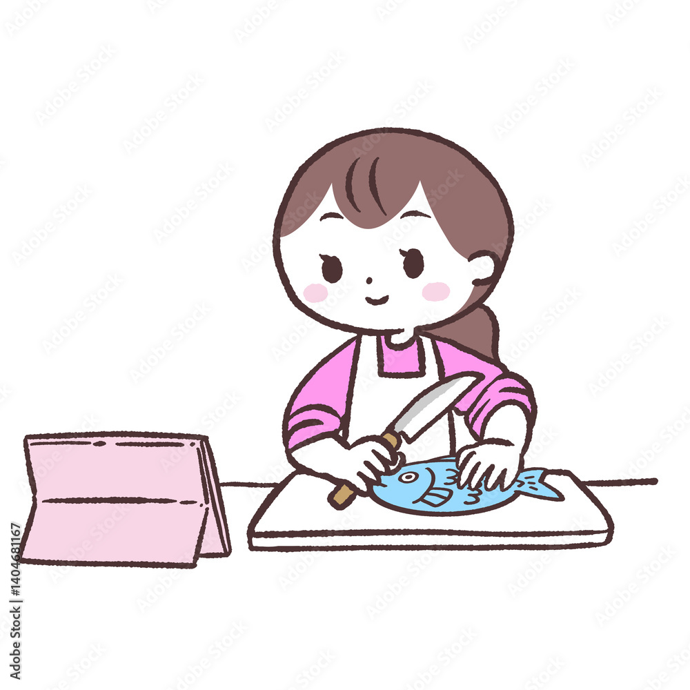 動画を見ながら魚を料理する女性イラスト 動画を見ながら魚を料理する女性イラスト