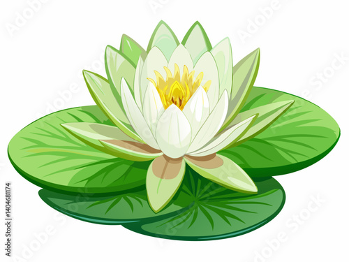 A high-quality vector illustration of a white water lily with open petals floating on green lily pads, isolated on a white background, elegant and serene