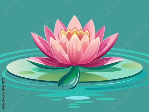 A professional vector of a pink lotus flower blooming on still water, placed on a soft teal background, calming and spiritual design