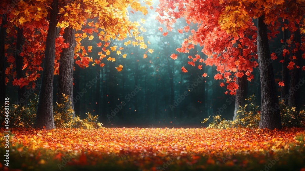 Fototapeta premium Enchanting autumn forest with vibrant fall foliage