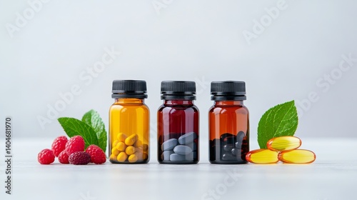 Assorted herbal supplements and vitamins in glass bottles