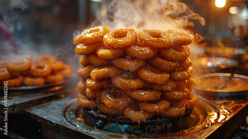 A street food cart scene with freshly fried halka tatlA+/-s (Turkish fried dough rings) stacked and glistening with syrup, under warm golden lighting. photo
