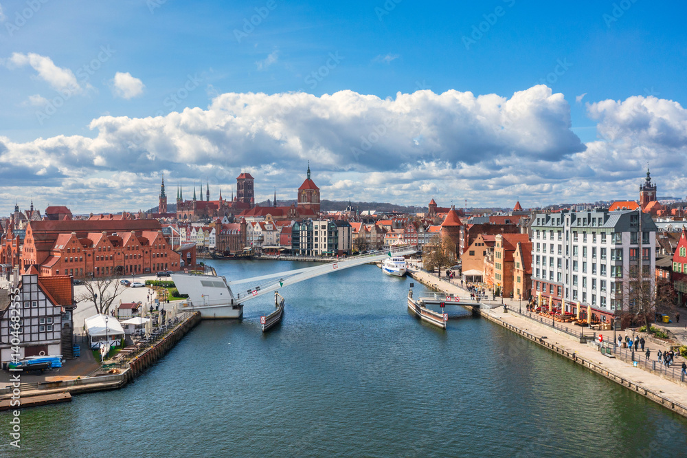 Aerial landscape of the Main Town of Gdansk by the Motlawa river, Poland.