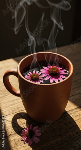 Obraz na płótnie Aromatic herbal tea with echinacea flowers in warm ceramic mug on wooden table w salonie