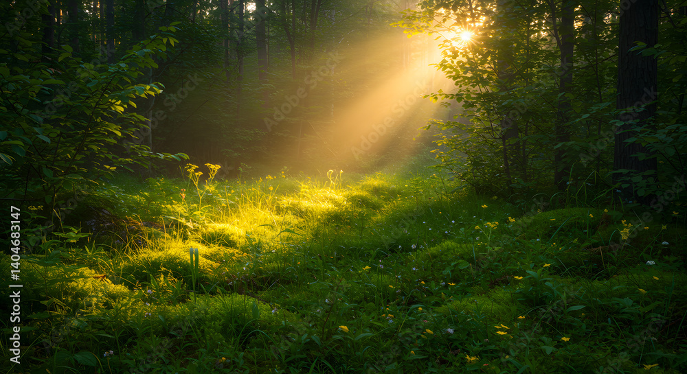 Naklejka premium Sunlight through the forest illuminates the green grass and yellow flowers
