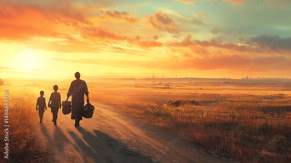 Walking Family at Sunset Silhouette on Rural Road with Luggage Walking Family at Sunset Silhouette on Rural Road with Luggage