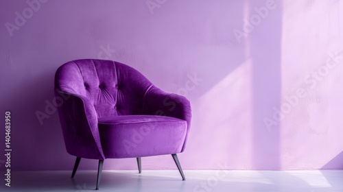 Elegant purple velvet armchair in sunlit room with minimalistic design